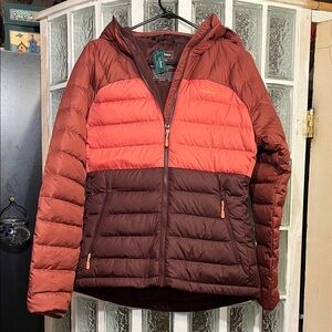 LL Bean Down Hooded Jacket colorblock, women’s size small regular.